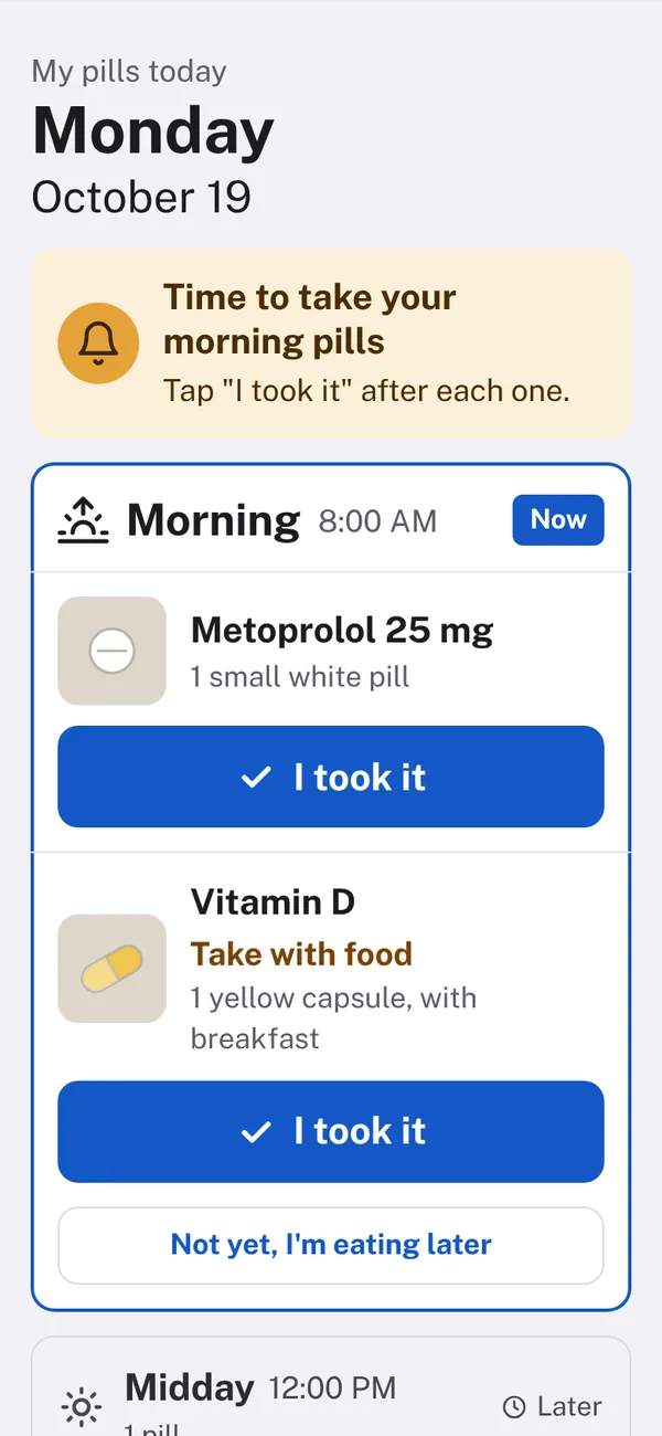Mom's iPhone at 8:05: time to take the morning pills, with an “I took it” button under each pill.