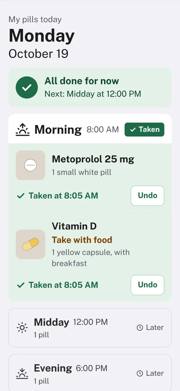 Mom's iPhone after she taps: both morning pills taken at 8:05.