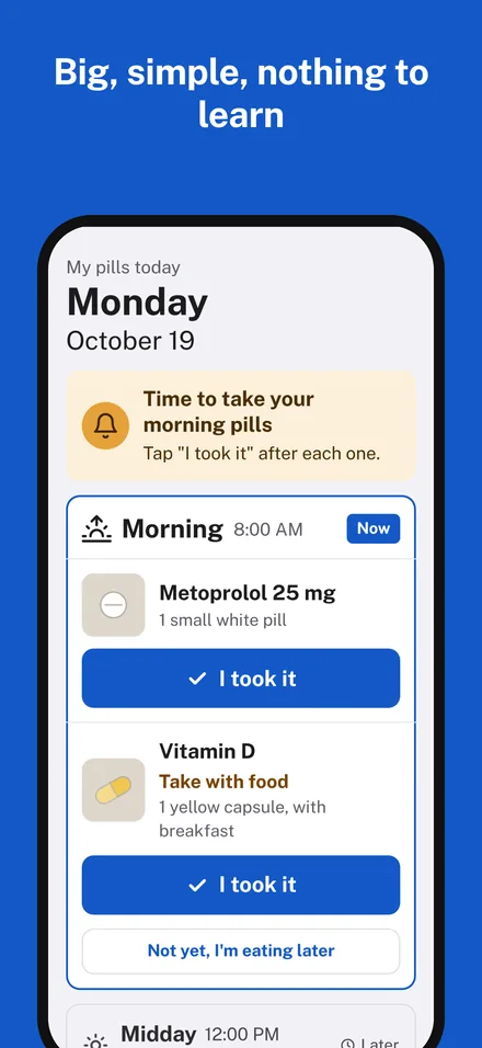 Mom's checklist: big text, one button per pill.