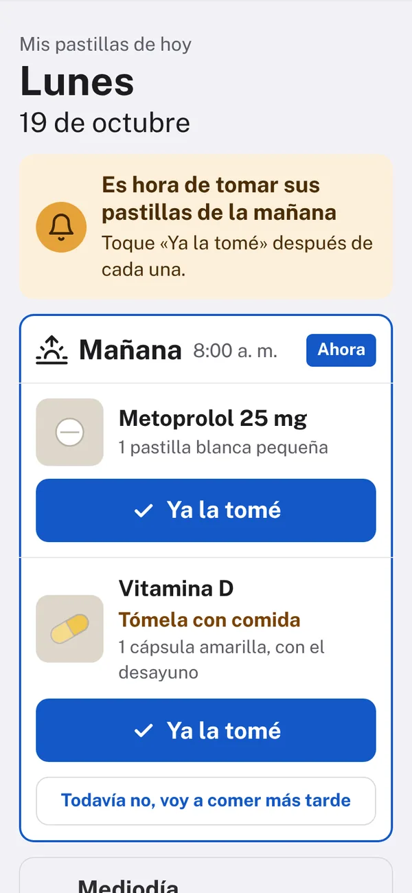 El iPhone de Mamá a las 8:05: hora de las pastillas de la mañana, con un botón «Ya la tomé» debajo de cada una.