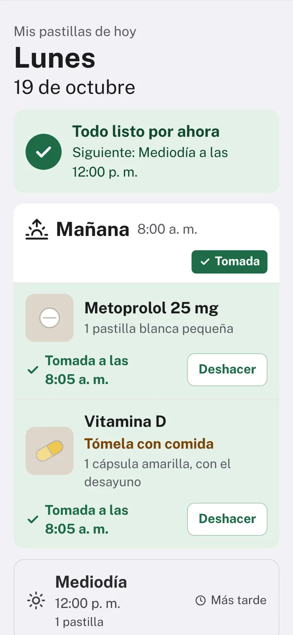 El iPhone de Mamá después de tocar: las dos pastillas de la mañana tomadas a las 8:05.
