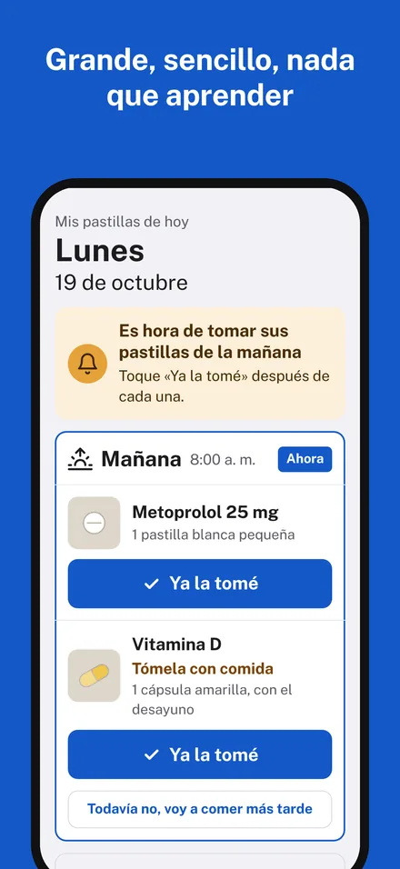 La lista de Mamá: letra grande, un botón por pastilla.