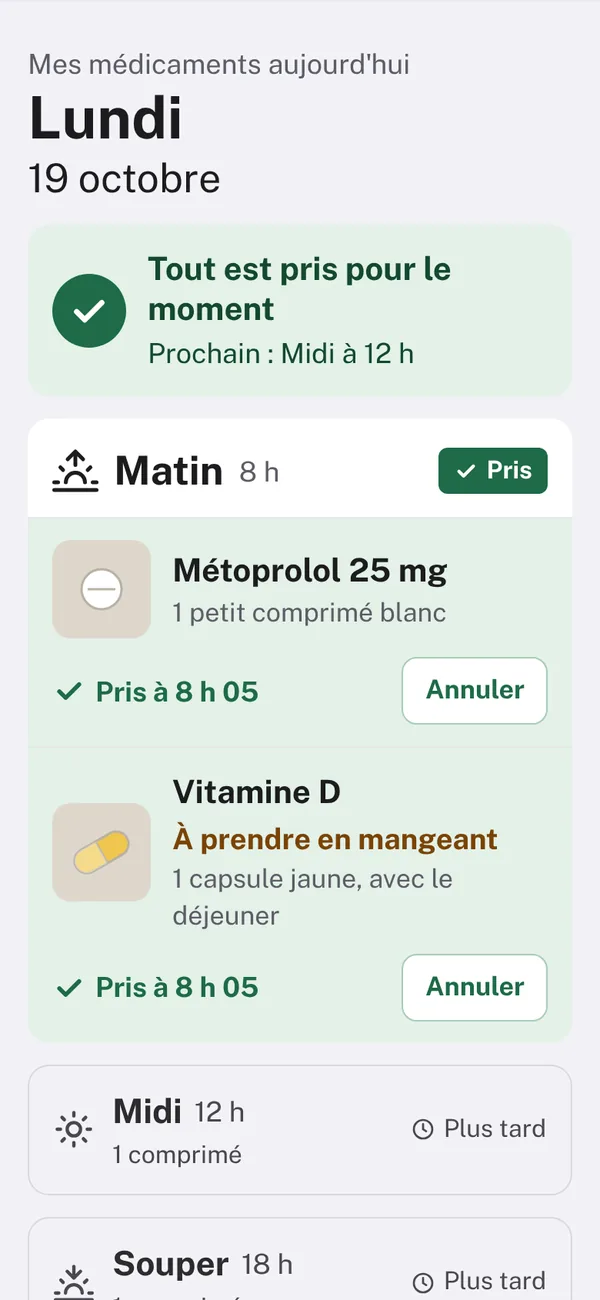 L'iPhone de Maman après avoir touché : les deux médicaments du matin pris à 8 h 05.