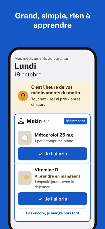 La liste de Maman : gros caractères, un bouton par médicament.
