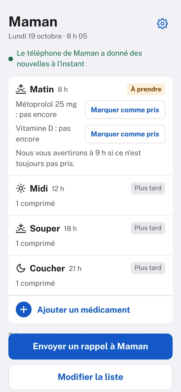 Votre iPhone : les médicaments du matin sont dus; vous serez averti à 9 h s'ils ne sont pas pris.